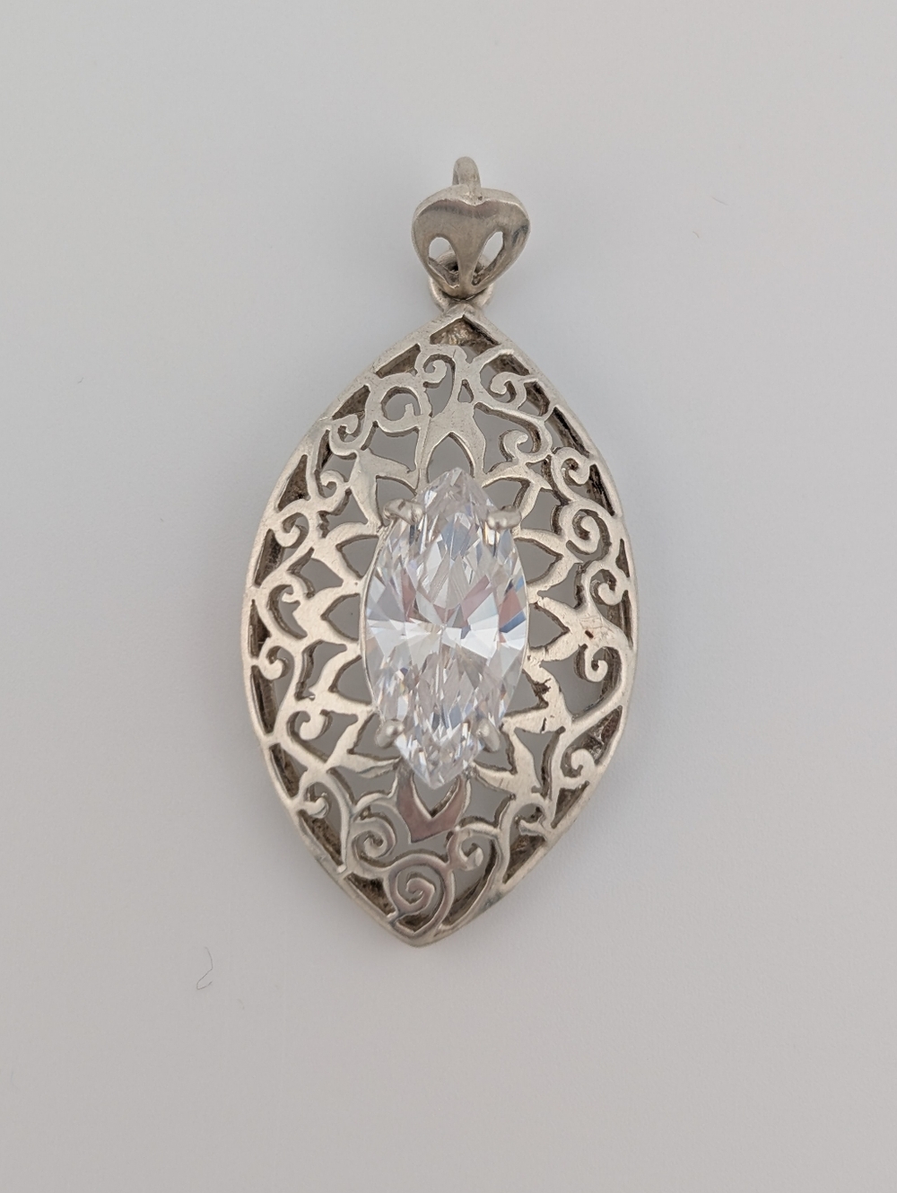 90's Sterling Marquise Filagree Pendant - Chunky 925 Silver Estate Jewelry Y2K